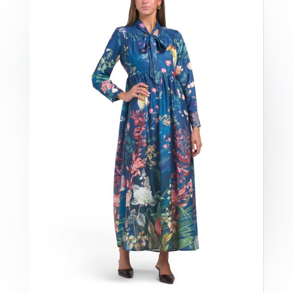 NWT - Dalia MacPhee Long Sleeve Tie Neck Blue Floral Stretch Maxi Dress - Size L